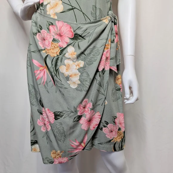 Green & Pink Botanical Floral Sleeveless Tank Midi Dress Wrap Front Style - Picture 6 of 9